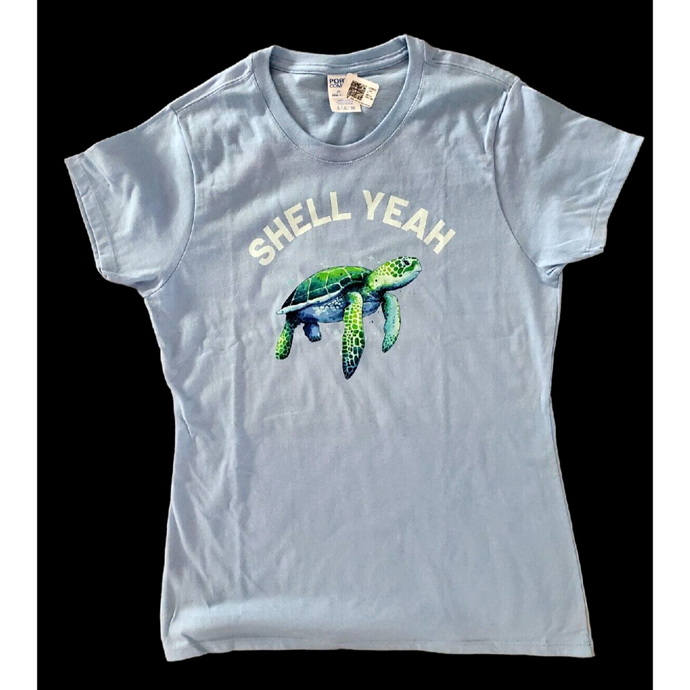 Women's 100% Cotton "Shell Yeah" Sea Turtle Light Blue Graphic T-Shirt Top S NWT
